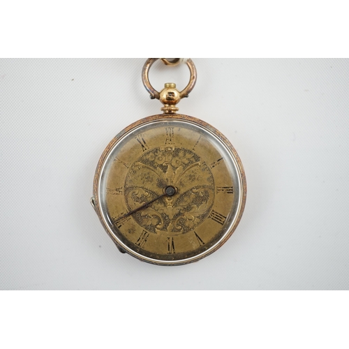 157 - A continental 18k gold open face key wind fob watch, with Roman dial and gilt metal cuvette, case di... 