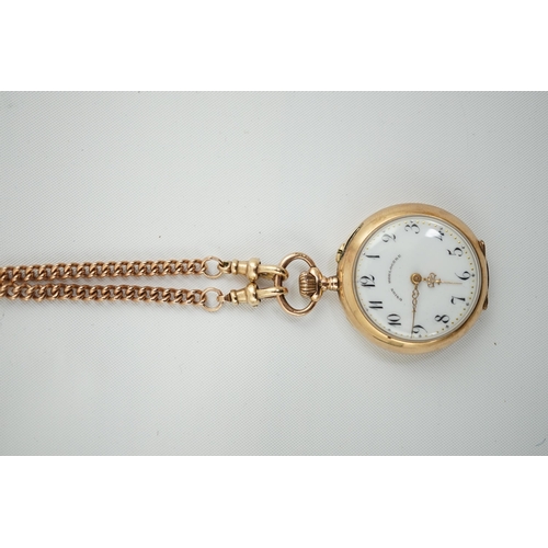 158 - A Swiss 14k gold keyless open face fob watch, with Arabic dial and metal cuvette, case diameter 28mm... 