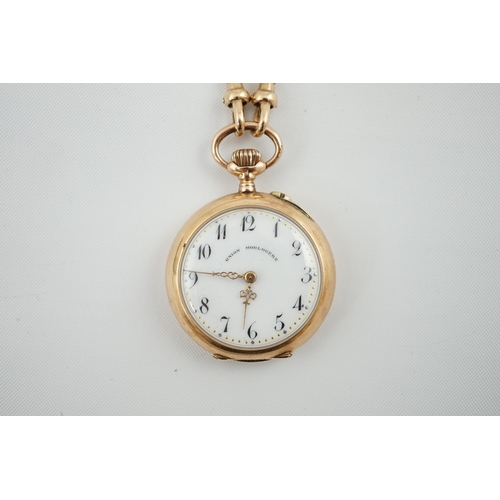 158 - A Swiss 14k gold keyless open face fob watch, with Arabic dial and metal cuvette, case diameter 28mm... 