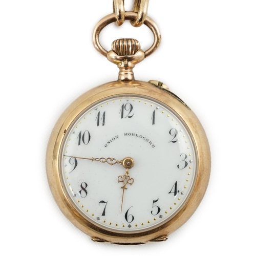 158 - A Swiss 14k gold keyless open face fob watch, with Arabic dial and metal cuvette, case diameter 28mm... 