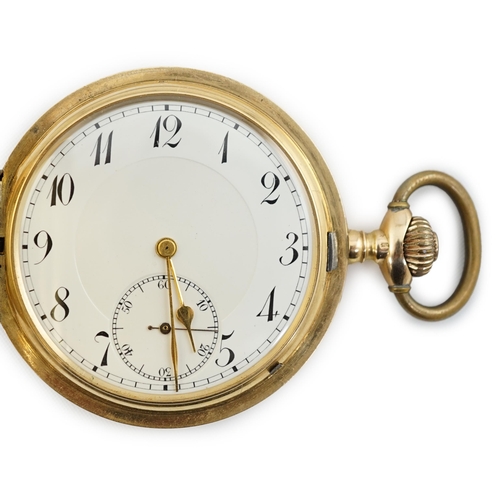 159 - An early to mid 20th century Swiss engine turned 14k gold keyless lever hunter pocket watch, with Ar... 