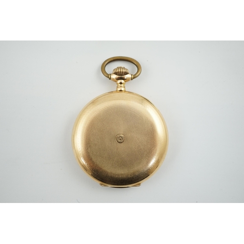 159 - An early to mid 20th century Swiss engine turned 14k gold keyless lever hunter pocket watch, with Ar... 