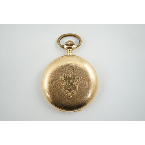 159 - An early to mid 20th century Swiss engine turned 14k gold keyless lever hunter pocket watch, with Ar... 