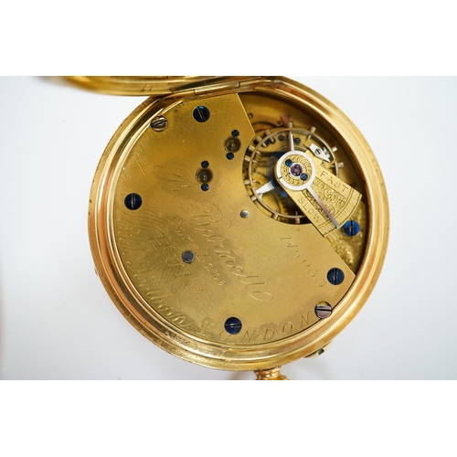 160 - A late Victorian 18ct gold open face keyless pocket watch by Barnett of Hull, with Roman dial and su... 