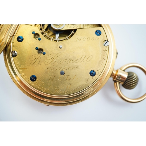 160 - A late Victorian 18ct gold open face keyless pocket watch by Barnett of Hull, with Roman dial and su... 