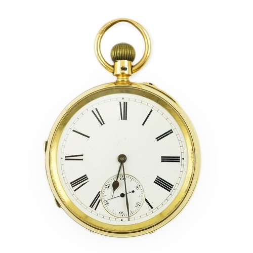 160 - A late Victorian 18ct gold open face keyless pocket watch by Barnett of Hull, with Roman dial and su... 