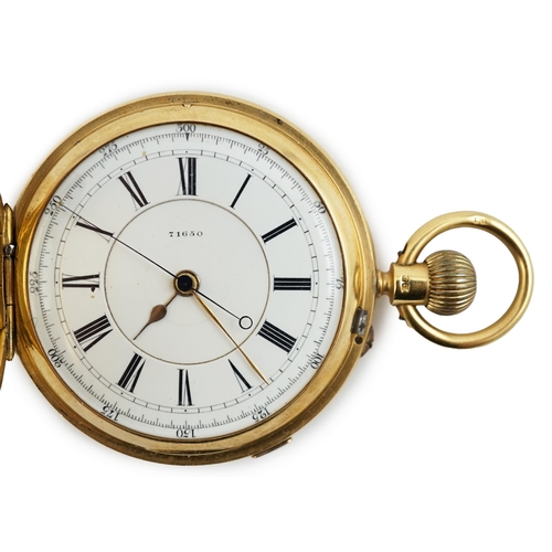 161 - A late Victorian 18ct gold half hunter chronograph keyless pocket watch, with Roman dial and enamell... 