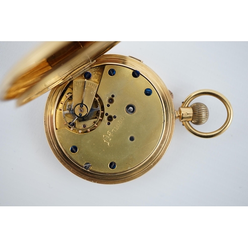 161 - A late Victorian 18ct gold half hunter chronograph keyless pocket watch, with Roman dial and enamell... 