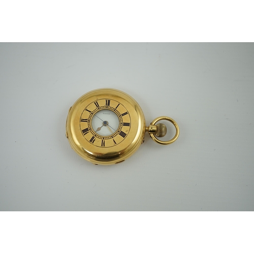 161 - A late Victorian 18ct gold half hunter chronograph keyless pocket watch, with Roman dial and enamell... 