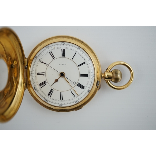 161 - A late Victorian 18ct gold half hunter chronograph keyless pocket watch, with Roman dial and enamell... 