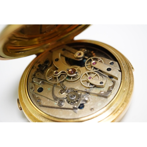 162 - A Swiss 18k gold hunter repeating chronograph keyless pocket watch, with Roman dial and two subsidia... 