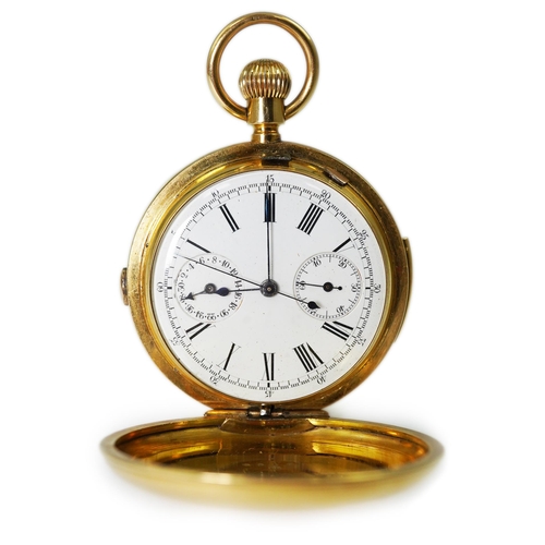 162 - A Swiss 18k gold hunter repeating chronograph keyless pocket watch, with Roman dial and two subsidia... 