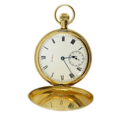 163 - An Edwardian engine turned 18ct gold Waltham hunter keyless pocket watch, with engraved monogram and... 