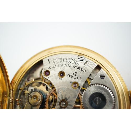 163 - An Edwardian engine turned 18ct gold Waltham hunter keyless pocket watch, with engraved monogram and... 