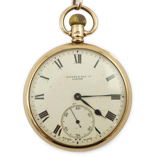 164 - A George V 9ct gold Zenith open face keyless pocket watch, with Roman dial and subsidiary seconds, c... 