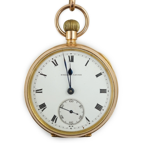 165 - A George V 9ct gold English Lever open face keyless pocket watch, with Roman dial and subsidiary sec... 