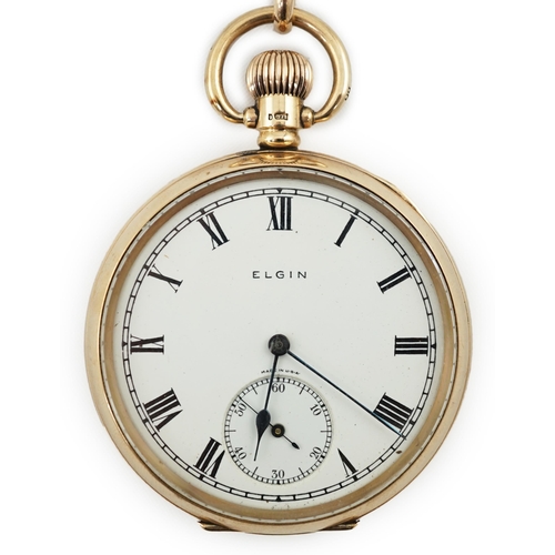 166 - A George V 9ct gold Elgin open face keyless pocket watch, with Roman dial and subsidiary seconds, ca... 