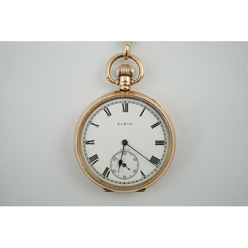 166 - A George V 9ct gold Elgin open face keyless pocket watch, with Roman dial and subsidiary seconds, ca... 