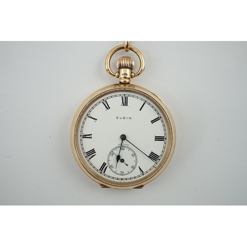 166 - A George V 9ct gold Elgin open face keyless pocket watch, with Roman dial and subsidiary seconds, ca... 