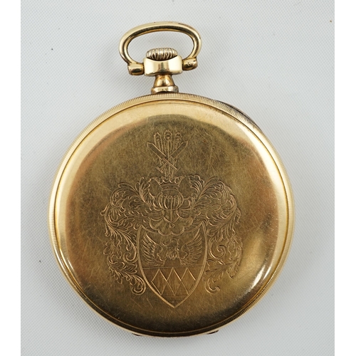 167 - A Zenith 14K gold open faced keyless dress pocket watch, with Arabic dial, subsidiary seconds and ba... 