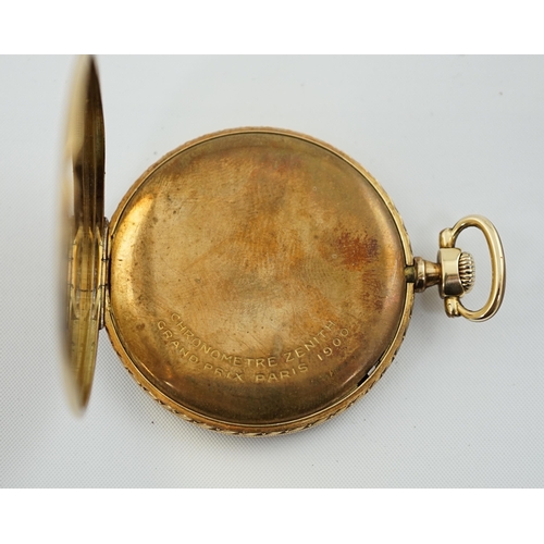 167 - A Zenith 14K gold open faced keyless dress pocket watch, with Arabic dial, subsidiary seconds and ba... 