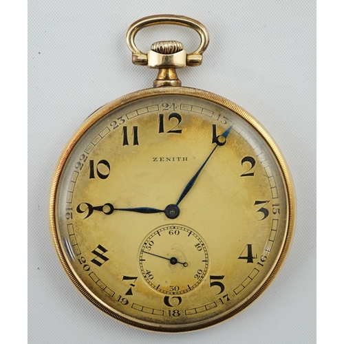 167 - A Zenith 14K gold open faced keyless dress pocket watch, with Arabic dial, subsidiary seconds and ba... 