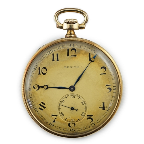 167 - A Zenith 14K gold open faced keyless dress pocket watch, with Arabic dial, subsidiary seconds and ba... 