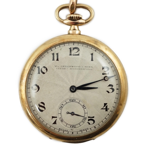 168 - A George V 9ct gold open face dress pocket watch, retailed by William Greenwood & Sons, together wit... 