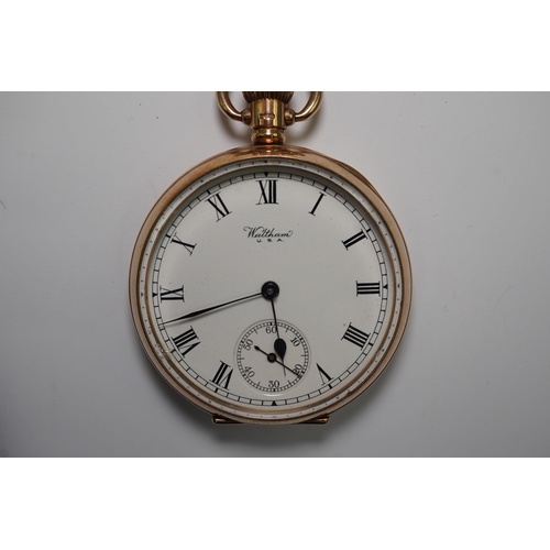 169 - A George V 9ct gold Waltham open faced keyless pocket watch, with Roman dial and subsidiary seconds,... 