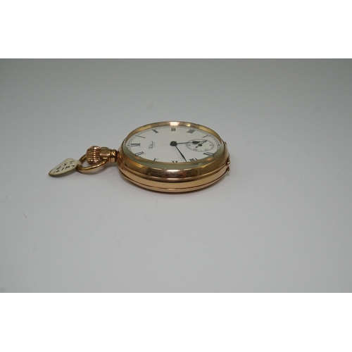 169 - A George V 9ct gold Waltham open faced keyless pocket watch, with Roman dial and subsidiary seconds,... 