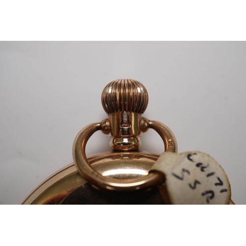 169 - A George V 9ct gold Waltham open faced keyless pocket watch, with Roman dial and subsidiary seconds,... 