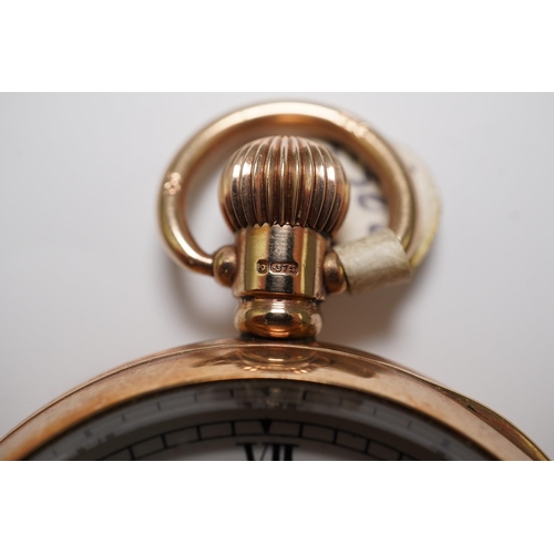 169 - A George V 9ct gold Waltham open faced keyless pocket watch, with Roman dial and subsidiary seconds,... 