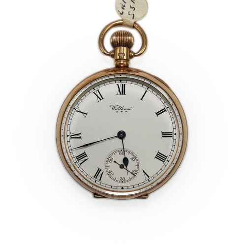 169 - A George V 9ct gold Waltham open faced keyless pocket watch, with Roman dial and subsidiary seconds,... 