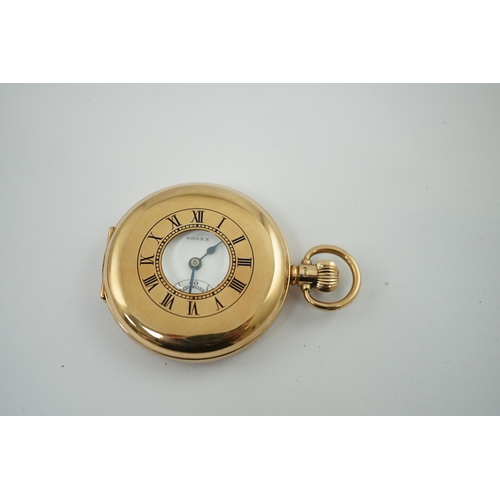 170 - A George V 9ct gold Rolex keyless lever half hunter pocket watch, with Arabic dial, subsidiary secon... 