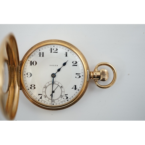 170 - A George V 9ct gold Rolex keyless lever half hunter pocket watch, with Arabic dial, subsidiary secon... 