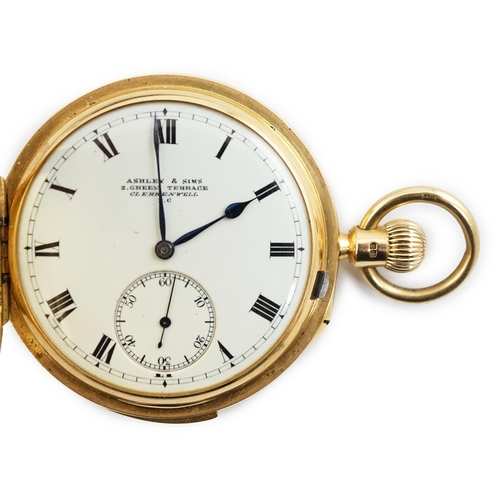 171 - A George V 18ct gold hunter minute repeating lever pocket watch, by Ashley & Sims of Clerkenwell, wi... 