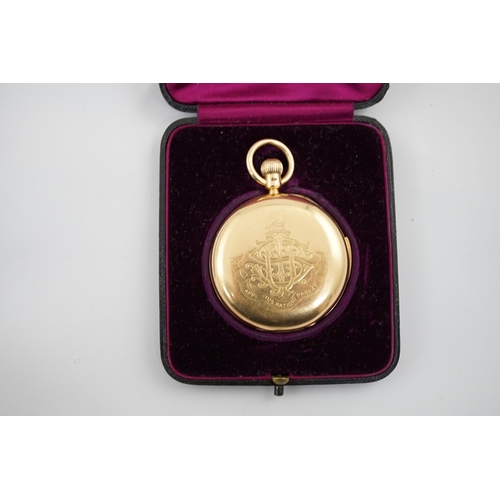 171 - A George V 18ct gold hunter minute repeating lever pocket watch, by Ashley & Sims of Clerkenwell, wi... 