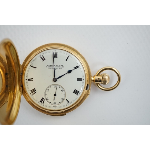 171 - A George V 18ct gold hunter minute repeating lever pocket watch, by Ashley & Sims of Clerkenwell, wi... 