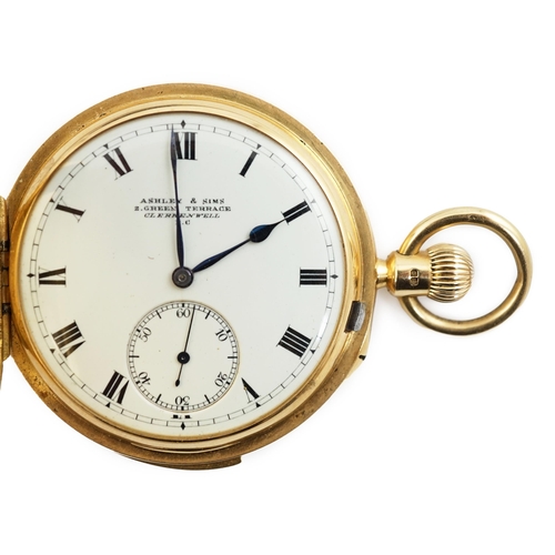 171 - A George V 18ct gold hunter minute repeating lever pocket watch, by Ashley & Sims of Clerkenwell, wi... 