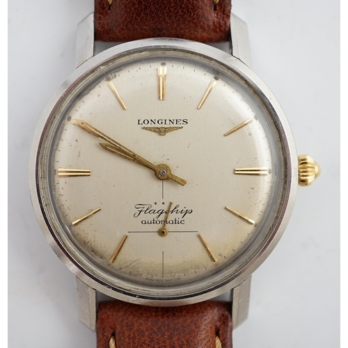 172 - A gentleman's stainless steel Longines Flagship automatic wrist watch, on a later associated leather... 