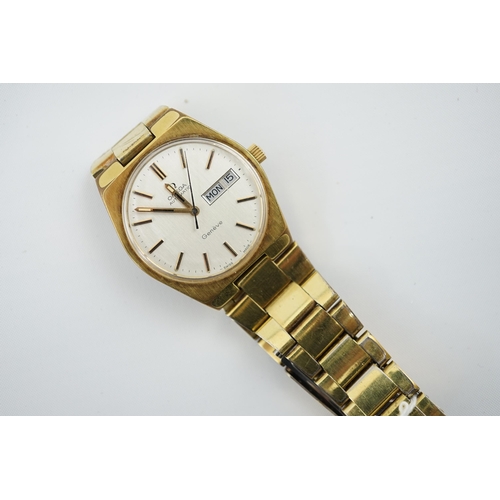 173 - A gentleman's 1980's steel and gold plated Omega Day Date automatic wrist watch, on a steel and gold... 