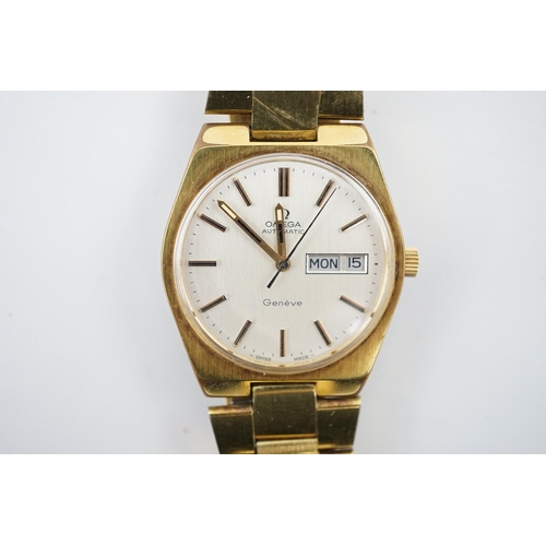 173 - A gentleman's 1980's steel and gold plated Omega Day Date automatic wrist watch, on a steel and gold... 