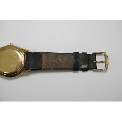 175 - A gentleman's 1950's 9ct gold Omega manual wind wrist watch, with baton and Arabic numerals, movemen... 