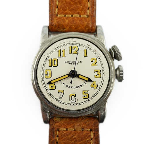 176 - A gentleman's mid 1940's steel Longines Weems U.S Patent Army Pilot's manual wind wrist watch, with ... 