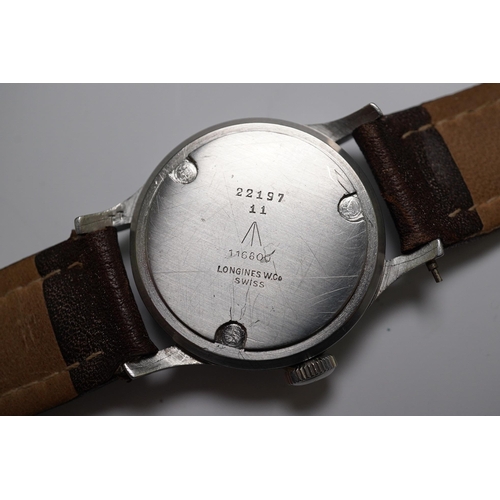 178 - A gentleman's mid 1940's steel Longines military manual wind wrist watch, with Arabic dial and subsi... 