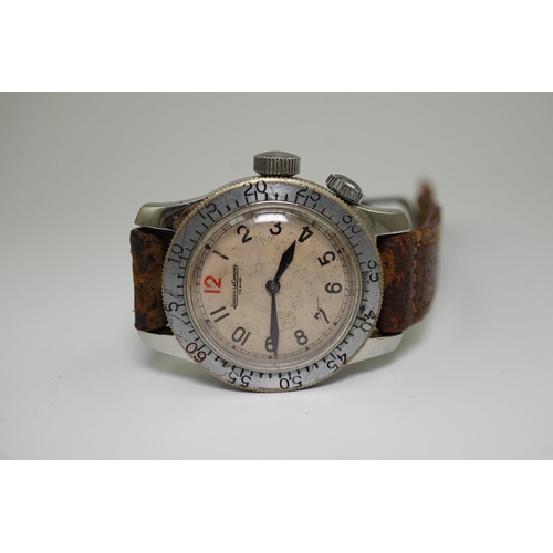 180 - A gentleman's 1940's steel Jaeger LeCoultre pilot's manual wind wrist watch, with Arabic dial and re... 