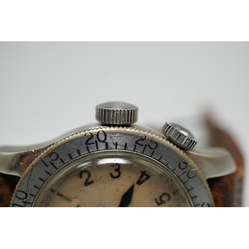 180 - A gentleman's 1940's steel Jaeger LeCoultre pilot's manual wind wrist watch, with Arabic dial and re... 