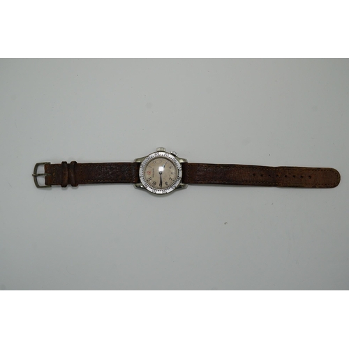 180 - A gentleman's 1940's steel Jaeger LeCoultre pilot's manual wind wrist watch, with Arabic dial and re... 