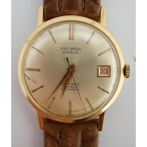 184 - A gentleman's 18k gold Valmon automatic wrist watch, with baton numerals and date aperture, case dia... 