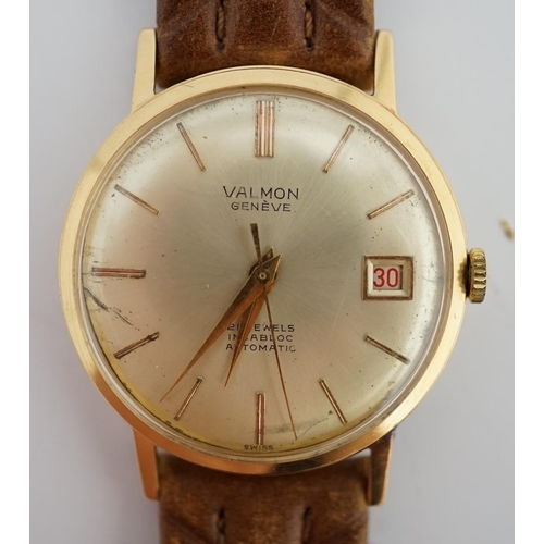 184 - A gentleman's 18k gold Valmon automatic wrist watch, with baton numerals and date aperture, case dia... 